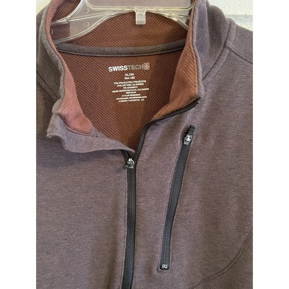Swiss Tech Men's Sweater Size XL Brown 1/4 Zip Pullover‎ Long Sleeve Zip Pocket